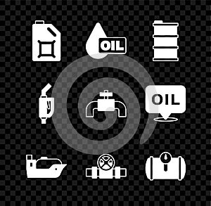 Set Canister for motor oil, Oil drop, Barrel, tanker ship, Metallic pipes and valve, Gas vehicle, Gasoline pump nozzle