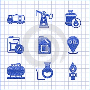 Set Canister for motor oil, Oil petrol test tube, rig with fire, Refill fuel location, tank storage, Propane gas and