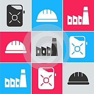 Set Canister for motor oil, Worker safety helmet and Oil industrial factory building icon. Vector