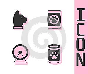Set Canned food, Cat, Hamster wheel and Bag of for pet icon. Vector