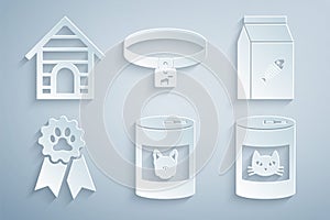 Set Canned food for dog, Bag of cat, Pet award symbol, , Dog collar and house icon. Vector