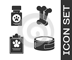 Set Canned food, Dog medicine bottle and pills, Clipboard with medical clinical record pet and Dog bone icon. Vector
