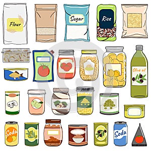 Set of canned food. Preserved food in cans, glass jars, metal containers, packs of cereals