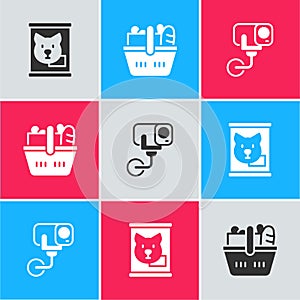 Set Canned food, Shopping basket and and Security camera icon. Vector