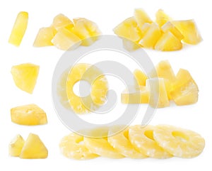 Set of canned pineapple rings and pieces on background