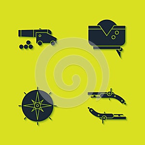 Set Cannon with cannonballs, Vintage pistols, Wind rose and Pirate hat icon. Vector