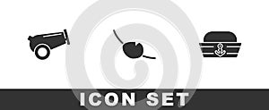 Set Cannon, Pirate eye patch and Sailor hat icon. Vector