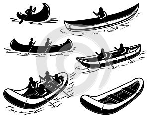 Un conjunto compuesto por canoa un barco balsa ilustraciones. diseno elemento póster símbolo, póster camisas 