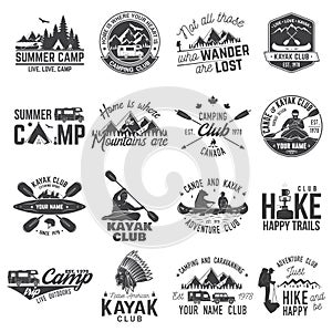 Set of canoe, hiking, kayak and camping club badge