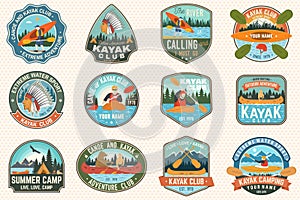 Set of canoe and kayak club badges Vector. Concept for patch, shirt, print or tee. Vintage design with mountain, river