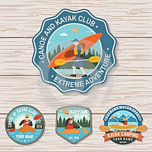 Set of canoe and kayak club badges Vector. Concept for patch, shirt, stamp or tee. Vintage design with mountain, river