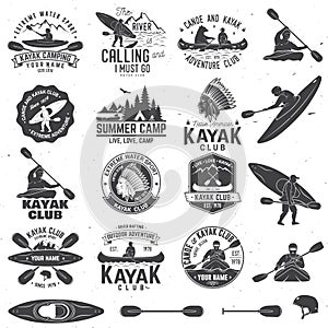 Set of canoe and kayak club badges. Vector illustration.