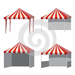 Set canopy template shopping stand empty market stall with red and white striped awning. Promotional advertising outdoor