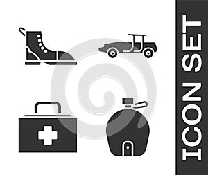 Set Canteen water bottle, Hiking boot, First aid kit and Car icon. Vector