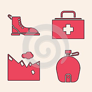 Set Canteen water bottle, Hiking boot, First aid kit and Mountains icon. Vector
