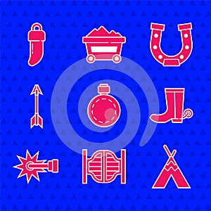 Set Canteen water bottle, Saloon door, Indian teepee wigwam, Cowboy boot, Spur, Crossed arrows, Horseshoe and Tooth icon