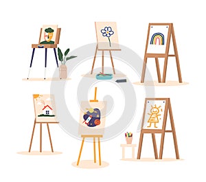 Set of Canvas on Easels with Kids Drawing Flower, Space, Rainbow, House, Portrait and Human Isolated on White Background
