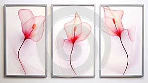 A set of canvases with an abstract flower in pink color. Plant art design