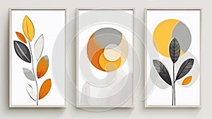 A set of canvases with abstract foliage in orange and gray colors. Plant art design