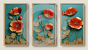 A set of canvases with flowers in golden and red on green background. Metal style