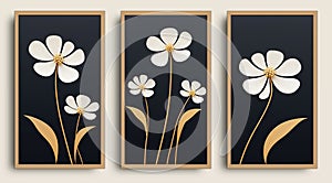 A set of canvases with flowers in white and golden colors. Plant art design
