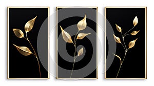 A set of canvases with gold leaves on a black background. Plant art design