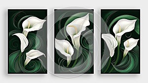 A set of canvases with white flowers on a green background with swirls and curves