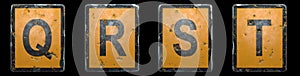 Set of capital letter Q, R, S, T made of public road sign orange and black color on black background. 3d