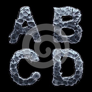 Set of capital letters A, B, C, D made of forged metal isolated on black background. 3d