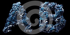 Set of capital letters A, B made of ice isolated on black background. 3d