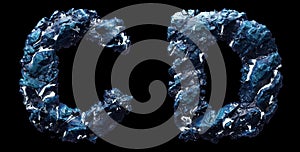 Set of capital letters C, D made of ice isolated on black background. 3d