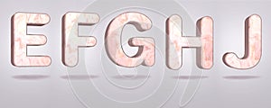 Set of capital letters E, F, G, H, J in pink marble, stone alphabet design, isolated gray background, 3d rendering