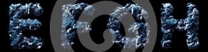 Set of capital letters E, F, G, H made of ice isolated on black background. 3d