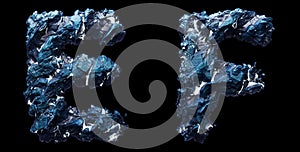 Set of capital letters E, F made of ice isolated on black background. 3d