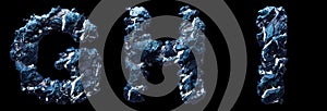 Set of capital letters G, H, I made of ice isolated on black background. 3d