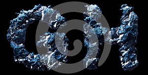 Set of capital letters G, H made of ice isolated on black background. 3d