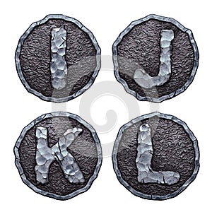 Set of capital letters I, J, K, L made of forged metal in the center of coin isolated on white background. 3d