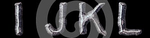 Set of capital letters I, J, K, L made of forged metal isolated on black background. 3d