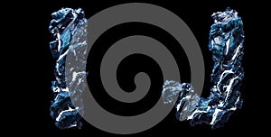 Set of capital letters I, J made of ice isolated on black background. 3d