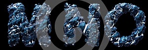 Set of capital letters M, N, O made of ice isolated on black background. 3d