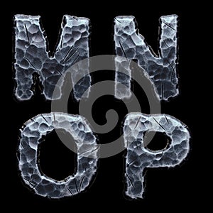 Set of capital letters M, N, O, P made of forged metal isolated on black background. 3d photo