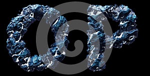 Set of capital letters O, P made of ice isolated on black background. 3d