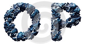 Set of capital letters O, P made of ice isolated on white background. 3d