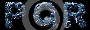 Set of capital letters P, Q, R made of ice isolated on black background. 3d