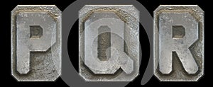 Set of capital letters P, Q, R made of industrial metal isolated on black background. 3d