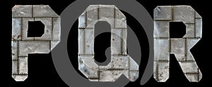 Set of capital letters P, Q, R made of industrial metal isolated on black background. 3d