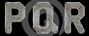 Set of capital letters P, Q, R made of industrial metal isolated on black background. 3d