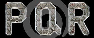 Set of capital letters P, Q, R made of industrial metal isolated on black background. 3d