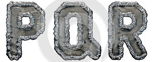 Set of capital letters P, Q, R made of industrial metal isolated on white background. 3d