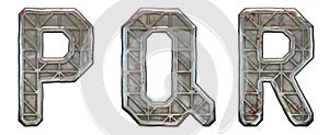 Set of capital letters P, Q, R made of industrial metal isolated on white background. 3d